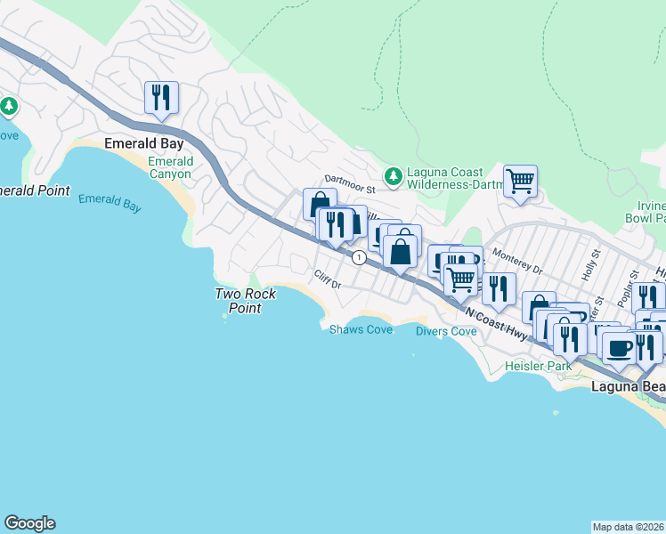 map of restaurants, bars, coffee shops, grocery stores, and more near 157 Chiquita Street in Laguna Beach