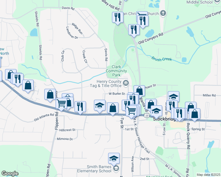 map of restaurants, bars, coffee shops, grocery stores, and more near 111 West Burke Street in Stockbridge
