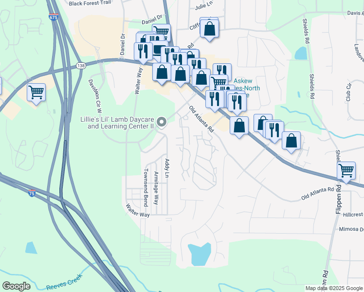 map of restaurants, bars, coffee shops, grocery stores, and more near 111 Eastwood Village Drive in Stockbridge