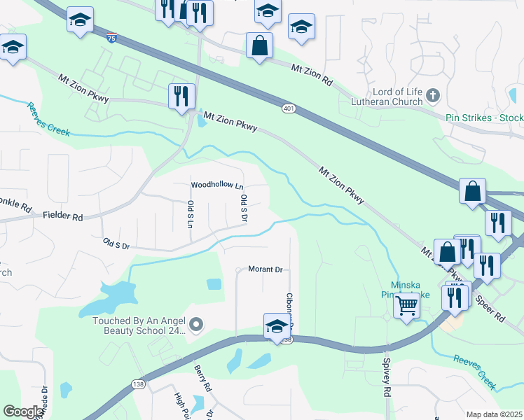 map of restaurants, bars, coffee shops, grocery stores, and more near 2919 Cushing Court in Jonesboro