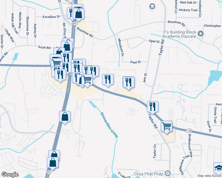 map of restaurants, bars, coffee shops, grocery stores, and more near 555 Georgia 138 in Riverdale