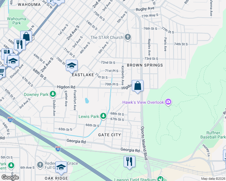 map of restaurants, bars, coffee shops, grocery stores, and more near 7217 Higdon Road in Birmingham