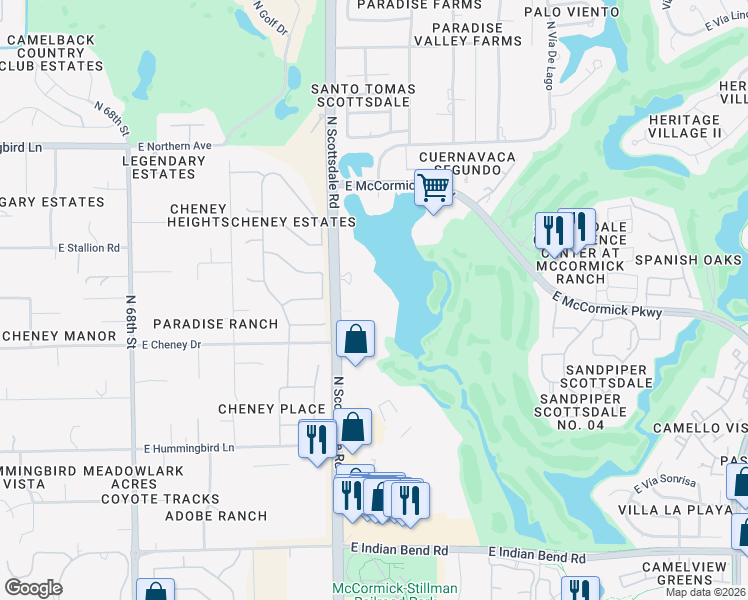 map of restaurants, bars, coffee shops, grocery stores, and more near 7401 North Scottsdale Road in Paradise Valley