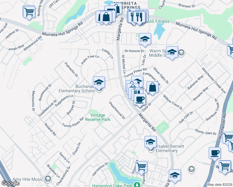 map of restaurants, bars, coffee shops, grocery stores, and more near 37955 Iris Way in Murrieta