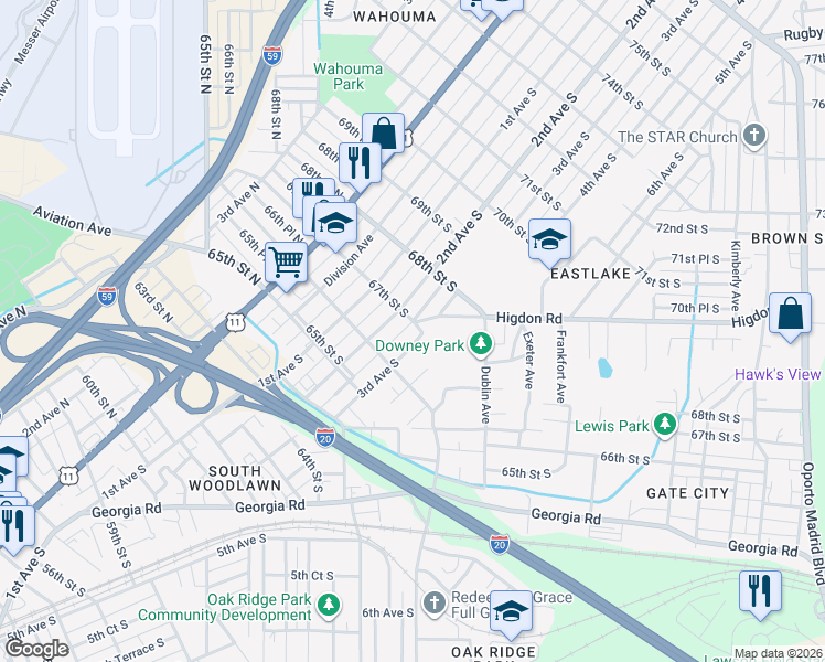 map of restaurants, bars, coffee shops, grocery stores, and more near 212 67th St S in Birmingham