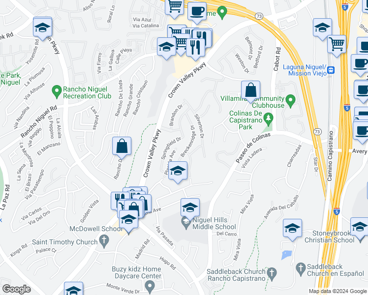 map of restaurants, bars, coffee shops, grocery stores, and more near 28621 Breckenridge Drive in Laguna Niguel