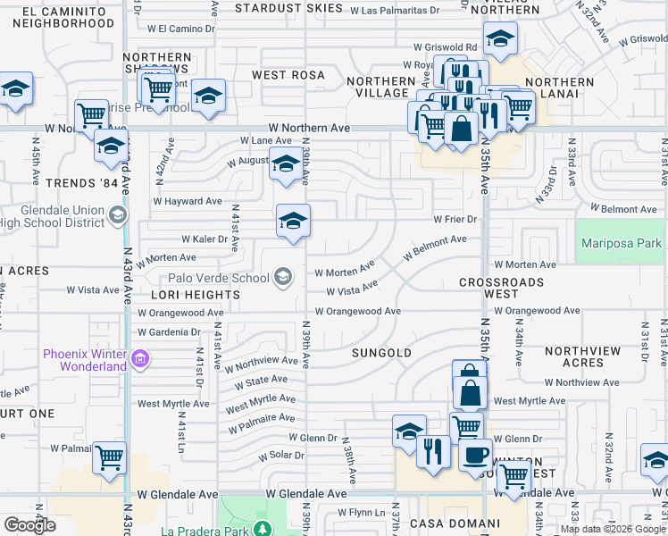 map of restaurants, bars, coffee shops, grocery stores, and more near 3818 W Morten Ave in Phoenix