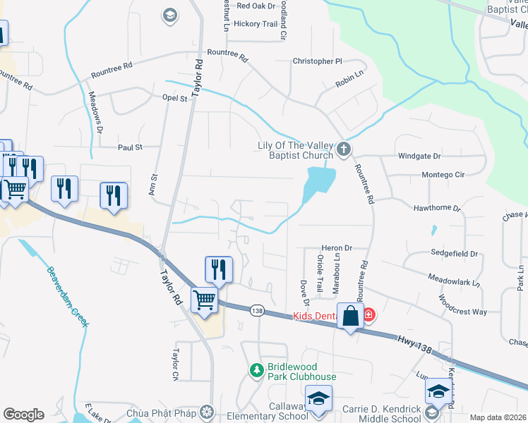 map of restaurants, bars, coffee shops, grocery stores, and more near 211 Antebellum Court in Riverdale