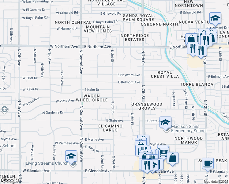 map of restaurants, bars, coffee shops, grocery stores, and more near 141 East Kaler Drive in Phoenix