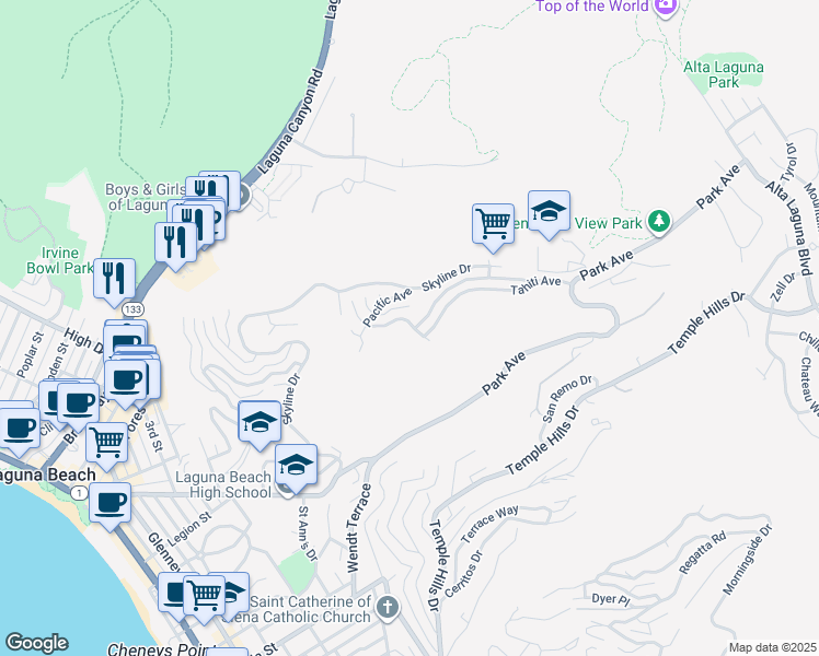 map of restaurants, bars, coffee shops, grocery stores, and more near 1475 Coral Drive in Laguna Beach