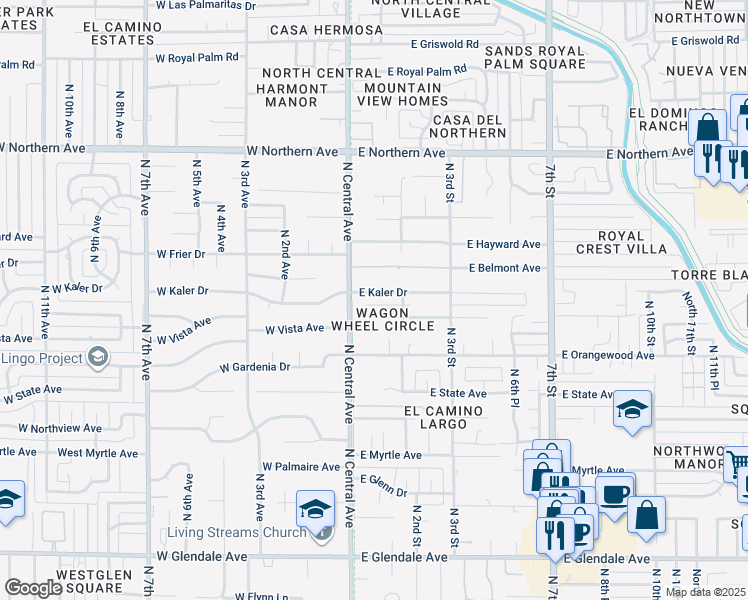 map of restaurants, bars, coffee shops, grocery stores, and more near 31 East Kaler Drive in Phoenix