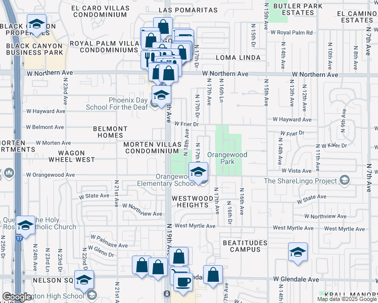 map of restaurants, bars, coffee shops, grocery stores, and more near 7543 North 18th Avenue in Phoenix
