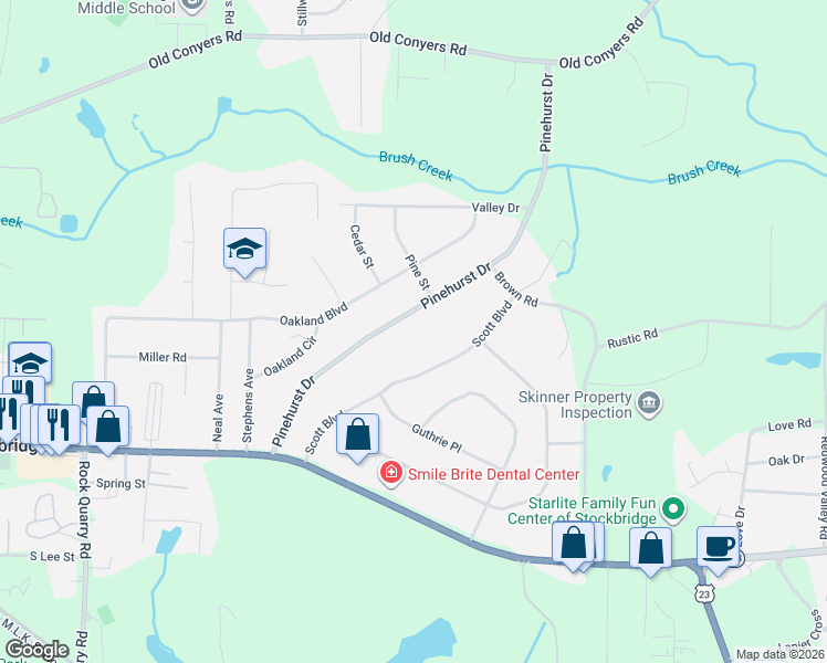 map of restaurants, bars, coffee shops, grocery stores, and more near 220 Pinehurst Drive in Stockbridge