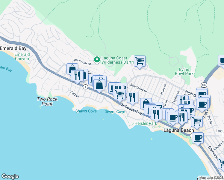 map of restaurants, bars, coffee shops, grocery stores, and more near 252 Grandview Street in Laguna Beach