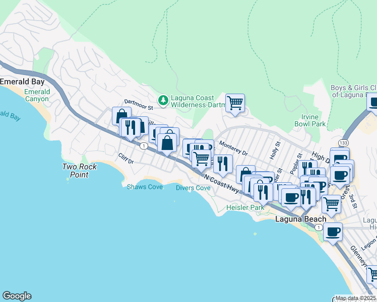 map of restaurants, bars, coffee shops, grocery stores, and more near in Laguna Beach
