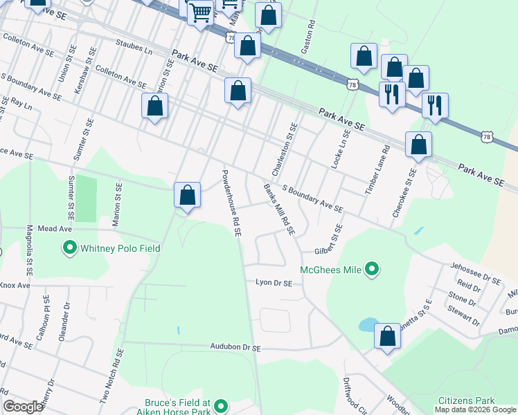map of restaurants, bars, coffee shops, grocery stores, and more near 1347 Pinehurst Avenue in Aiken