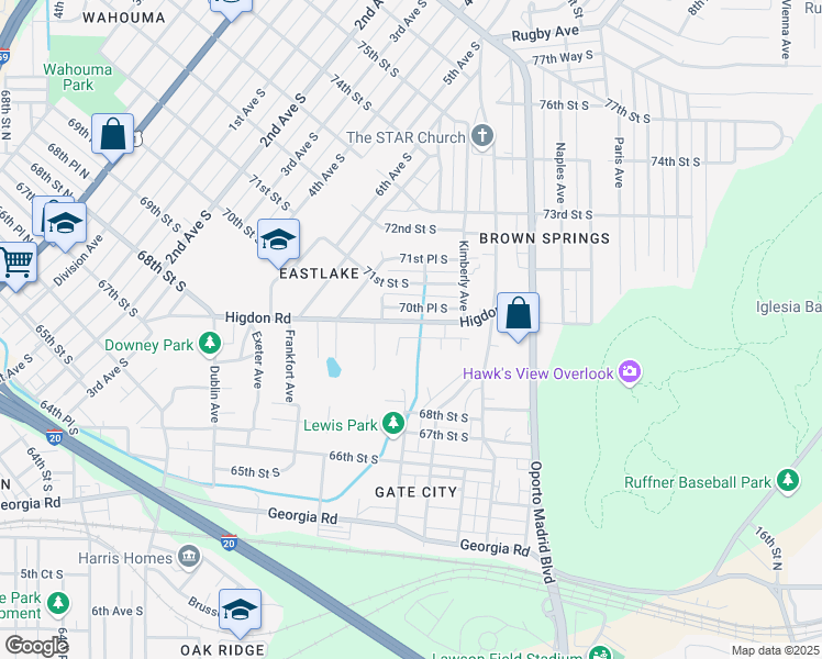 map of restaurants, bars, coffee shops, grocery stores, and more near 7217 Higdon Road in Birmingham