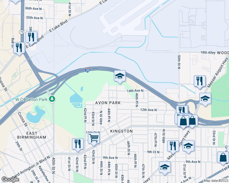 map of restaurants, bars, coffee shops, grocery stores, and more near 1328 45th Street North in Birmingham