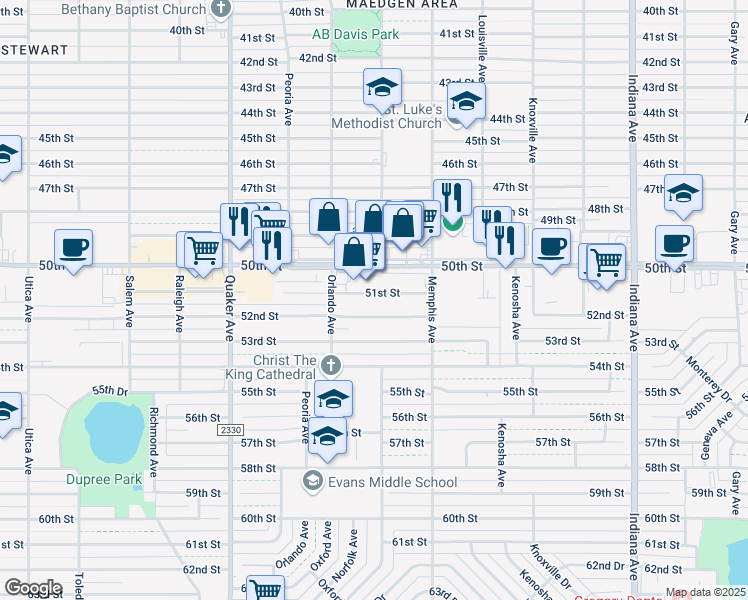 map of restaurants, bars, coffee shops, grocery stores, and more near 3821 51st Street in Lubbock