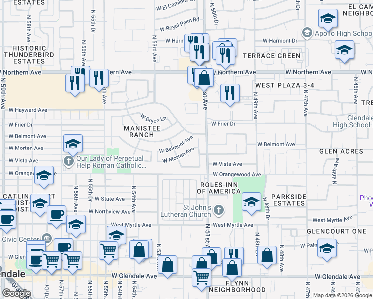 map of restaurants, bars, coffee shops, grocery stores, and more near 5159 West Morten Avenue in Glendale