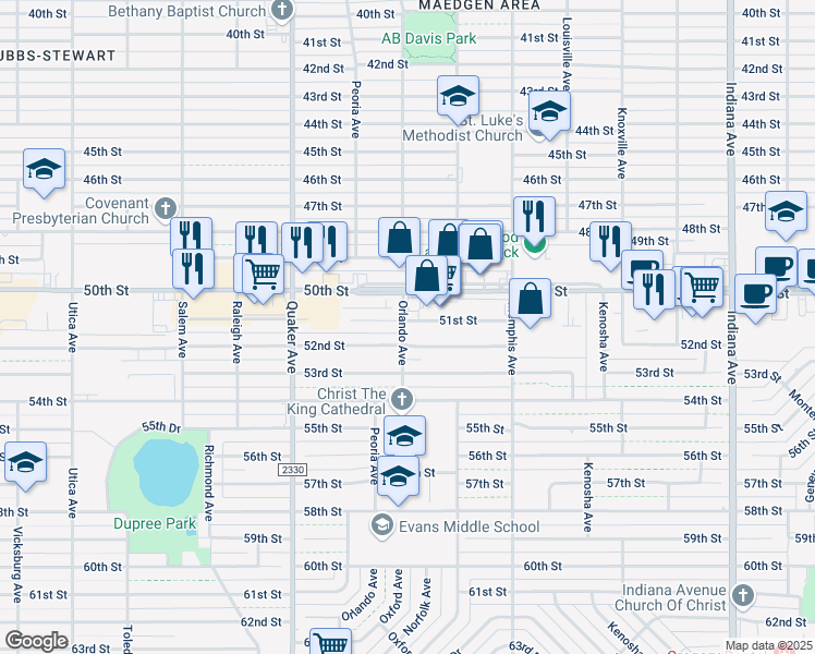 map of restaurants, bars, coffee shops, grocery stores, and more near 4201 51st Street in Lubbock
