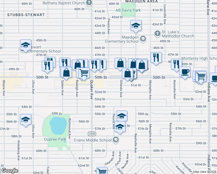 map of restaurants, bars, coffee shops, grocery stores, and more near 4217 51st Street in Lubbock
