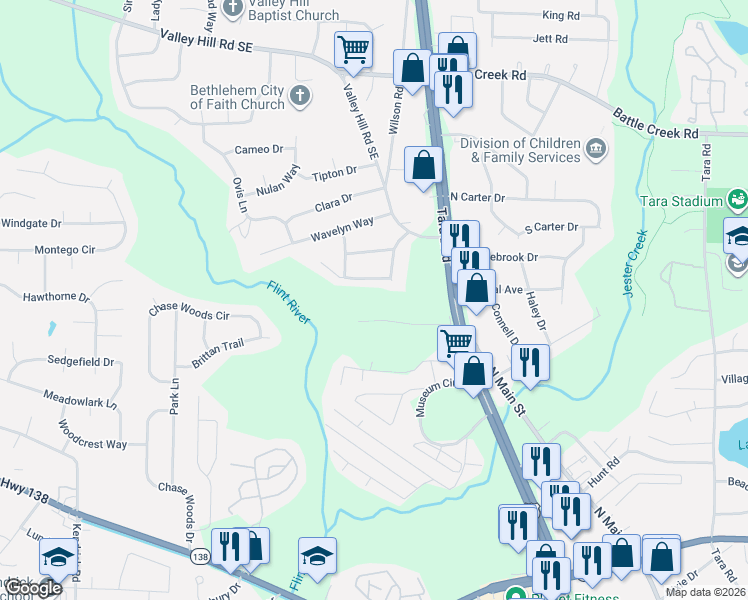 map of restaurants, bars, coffee shops, grocery stores, and more near 7577 Tara Boulevard in Jonesboro