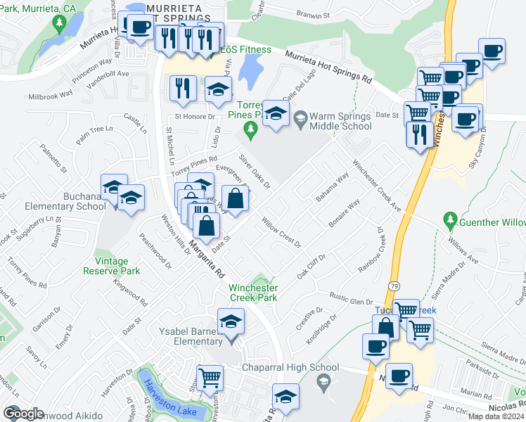 map of restaurants, bars, coffee shops, grocery stores, and more near 39511 Oak Circle in Murrieta