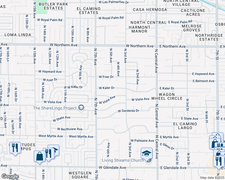 map of restaurants, bars, coffee shops, grocery stores, and more near 343 West Kaler Drive in Phoenix
