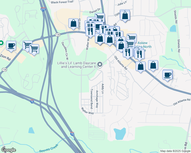 map of restaurants, bars, coffee shops, grocery stores, and more near 325 Nunnally Drive in Stockbridge