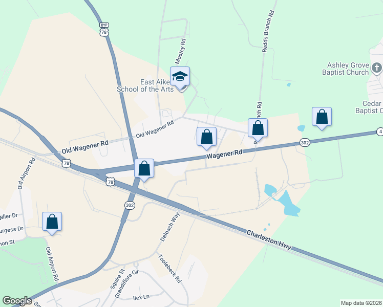 map of restaurants, bars, coffee shops, grocery stores, and more near 2545 Wagener Road in Aiken