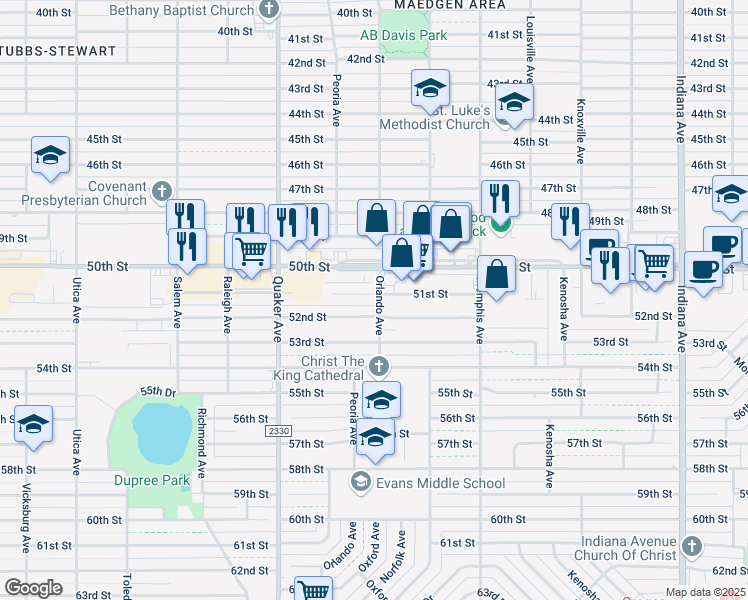 map of restaurants, bars, coffee shops, grocery stores, and more near 4201 51st Street in Lubbock