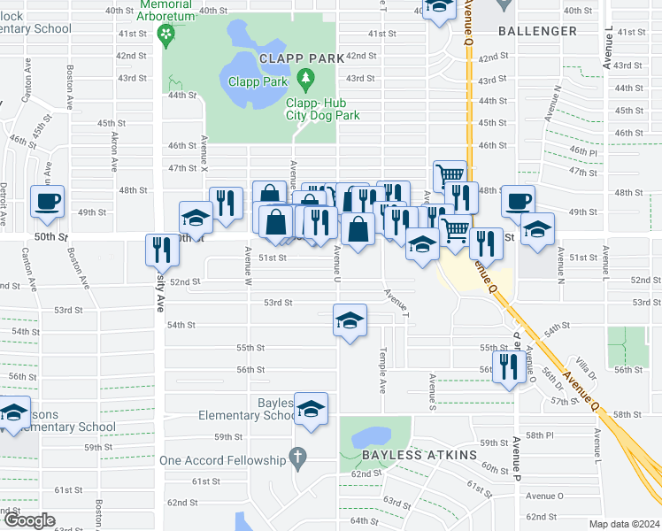 map of restaurants, bars, coffee shops, grocery stores, and more near 2101 51st Street in Lubbock