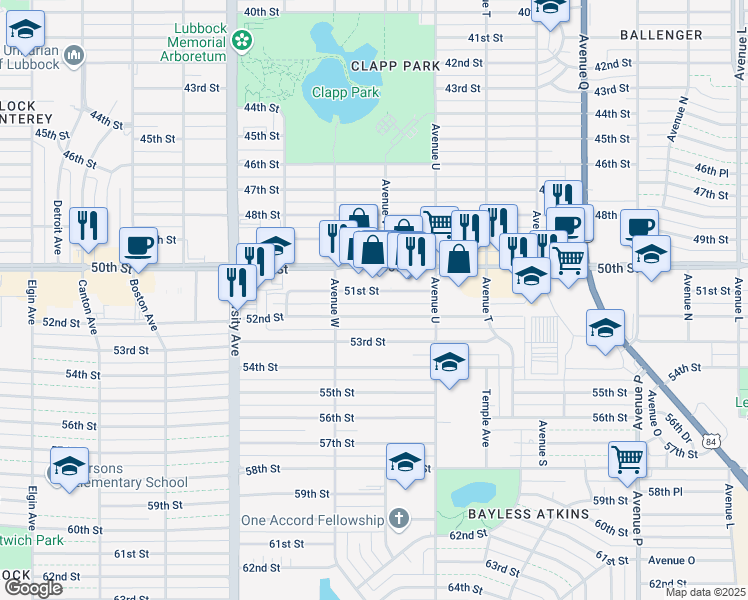 map of restaurants, bars, coffee shops, grocery stores, and more near 2129 51st Street in Lubbock
