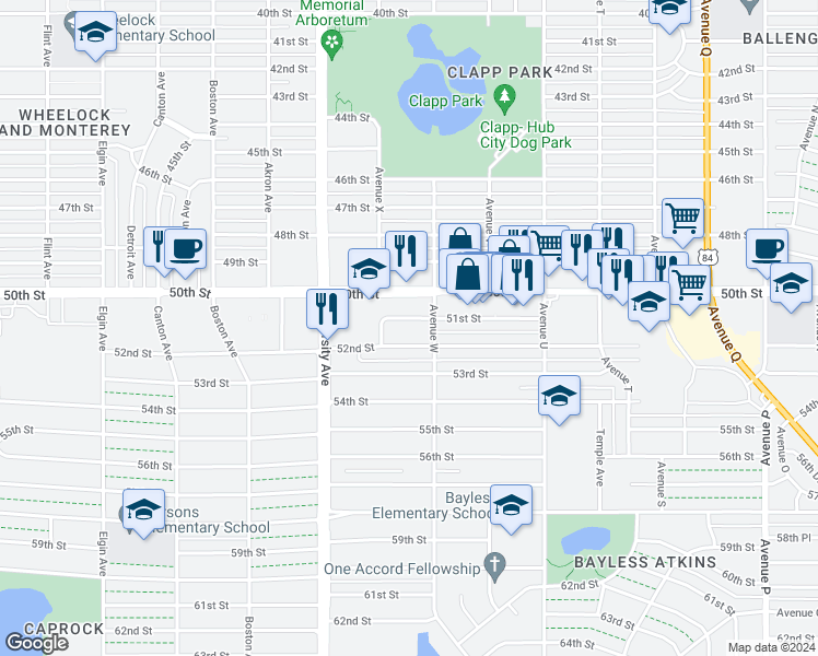 map of restaurants, bars, coffee shops, grocery stores, and more near 2301 51st Street in Lubbock