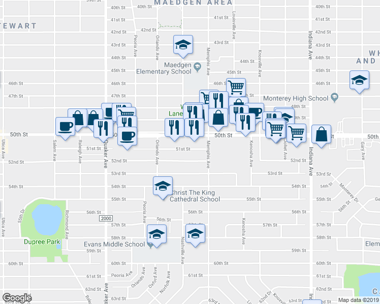 map of restaurants, bars, coffee shops, grocery stores, and more near 3813 51st Street in Lubbock