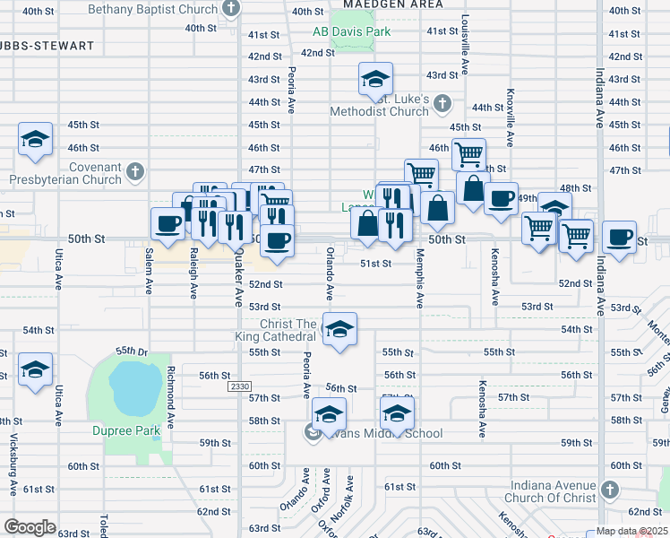 map of restaurants, bars, coffee shops, grocery stores, and more near 4201 51st Street in Lubbock