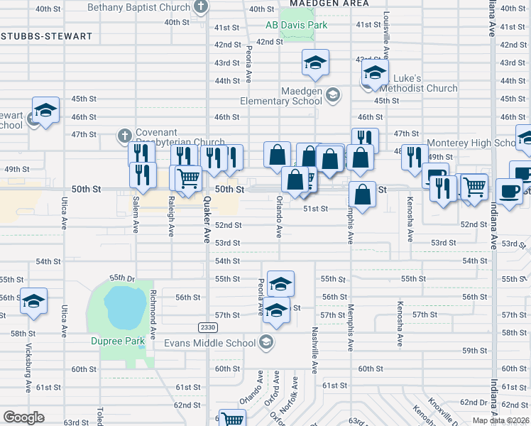 map of restaurants, bars, coffee shops, grocery stores, and more near 4201 51st Street in Lubbock