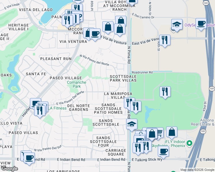 map of restaurants, bars, coffee shops, grocery stores, and more near 7609 North Vía De La Siesta in Scottsdale