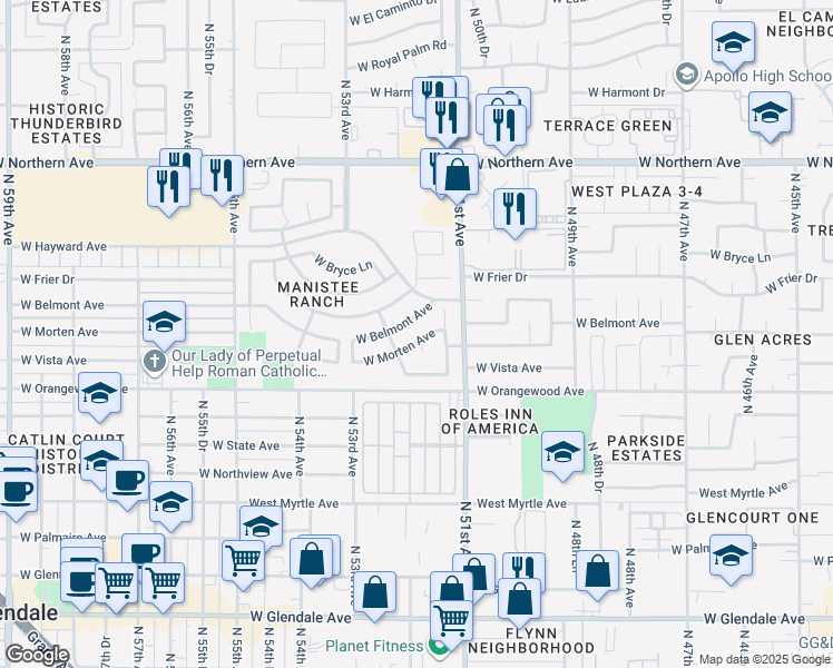 map of restaurants, bars, coffee shops, grocery stores, and more near 5159 West Morten Avenue in Glendale
