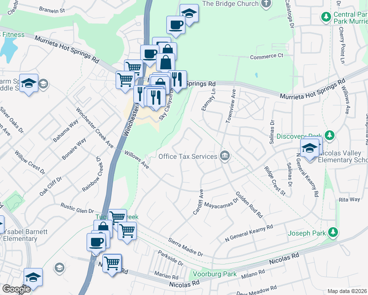 map of restaurants, bars, coffee shops, grocery stores, and more near 39363 Napa Creek Drive in Murrieta