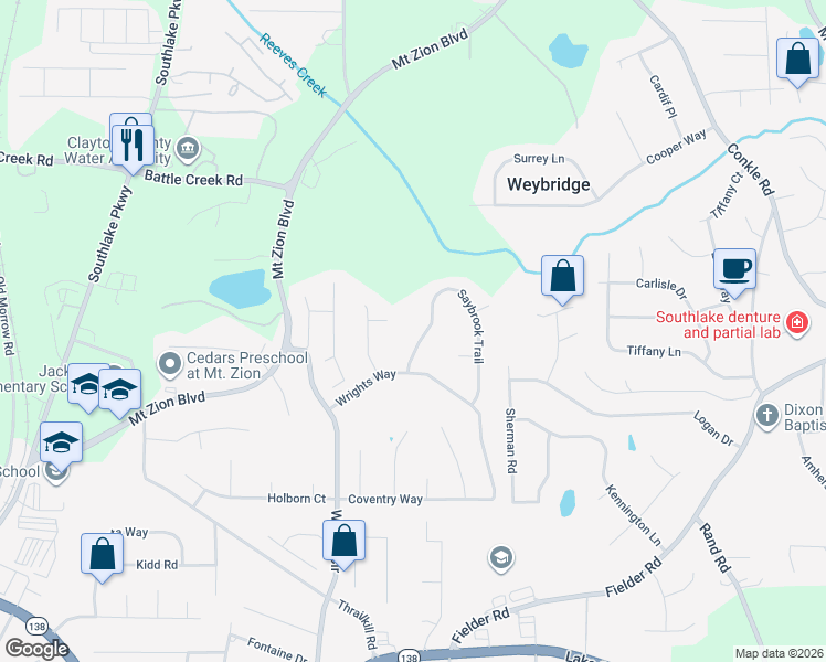 map of restaurants, bars, coffee shops, grocery stores, and more near 7582 Saybrook Trail in Jonesboro