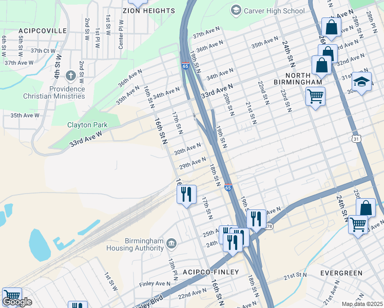 map of restaurants, bars, coffee shops, grocery stores, and more near 2919 17th Street North in Birmingham