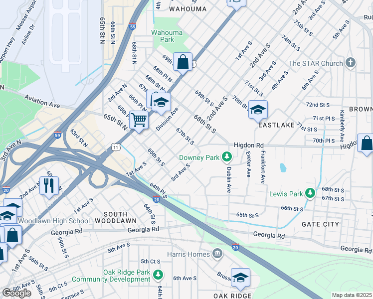 map of restaurants, bars, coffee shops, grocery stores, and more near 6621 2nd Avenue South in Birmingham