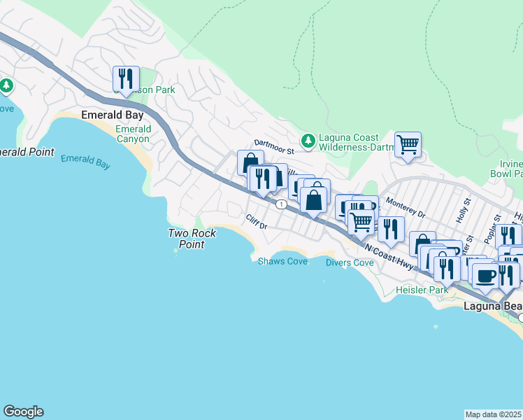 map of restaurants, bars, coffee shops, grocery stores, and more near 156 Chiquita Street in Laguna Beach