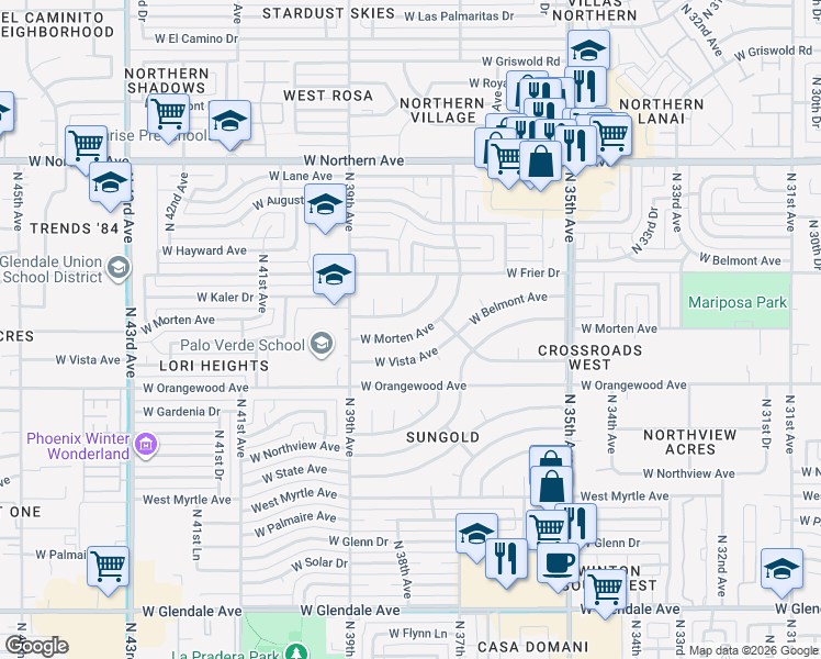 map of restaurants, bars, coffee shops, grocery stores, and more near 3715 West Morten Avenue in Phoenix