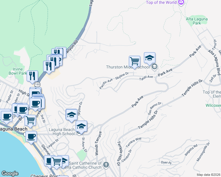 map of restaurants, bars, coffee shops, grocery stores, and more near 1475 Coral Drive in Laguna Beach