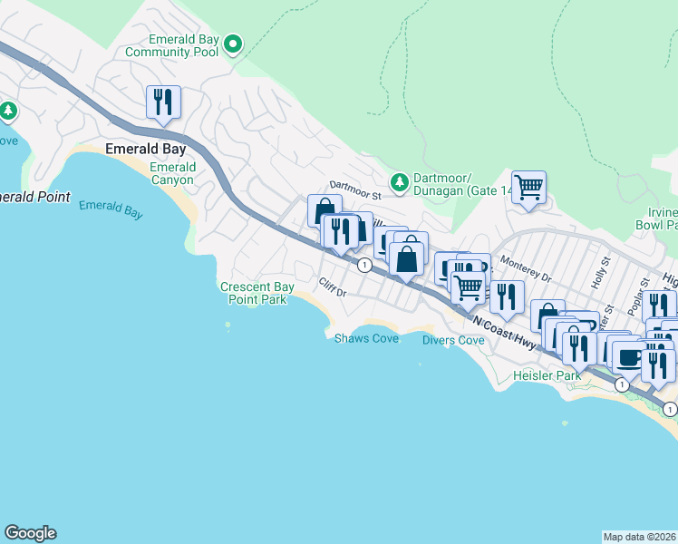 map of restaurants, bars, coffee shops, grocery stores, and more near 157 Chiquita Street in Laguna Beach