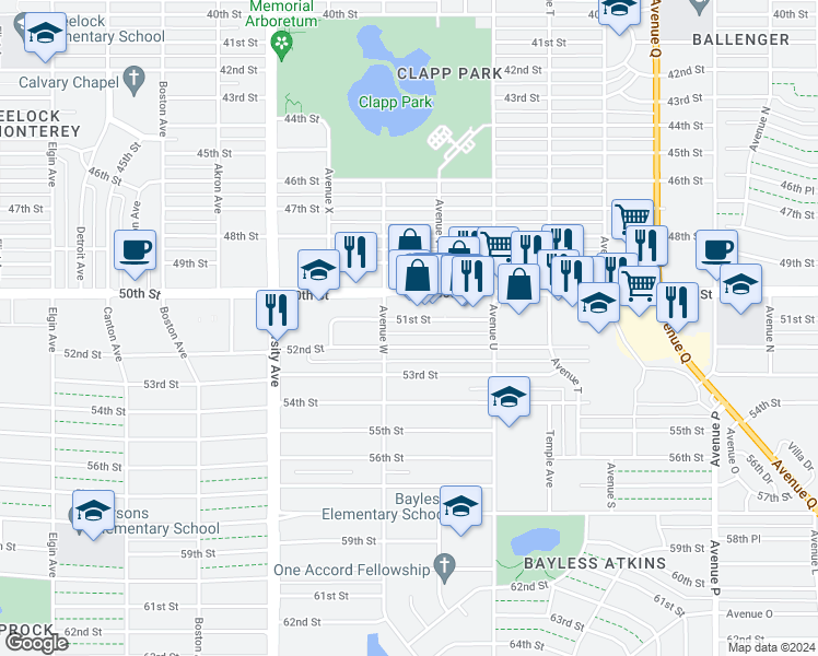 map of restaurants, bars, coffee shops, grocery stores, and more near 2129 51st Street in Lubbock