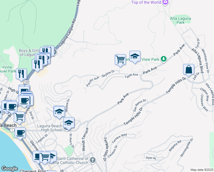 map of restaurants, bars, coffee shops, grocery stores, and more near 1509 Tahiti Avenue in Laguna Beach